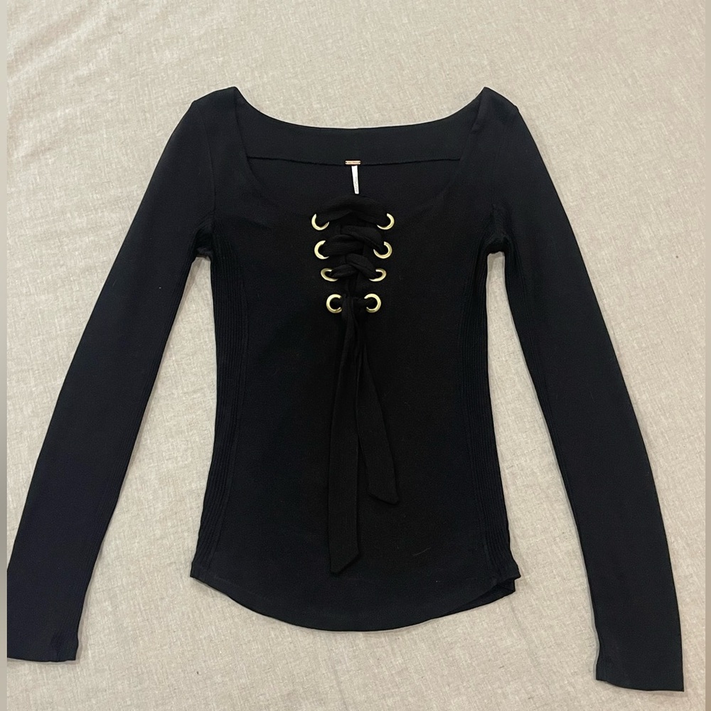 Free People Black Lace-Up Long Sleeve Top – Size M